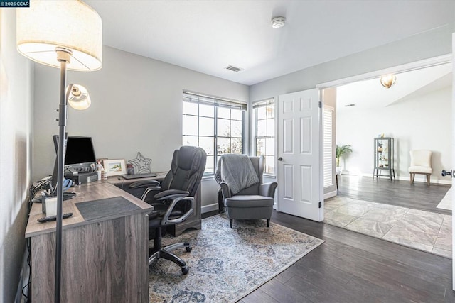 home office featuring dark wood-type flooring