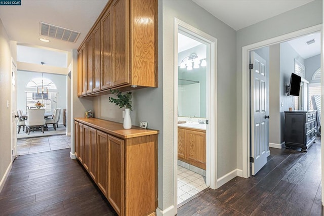 corridor with dark hardwood / wood-style flooring and sink