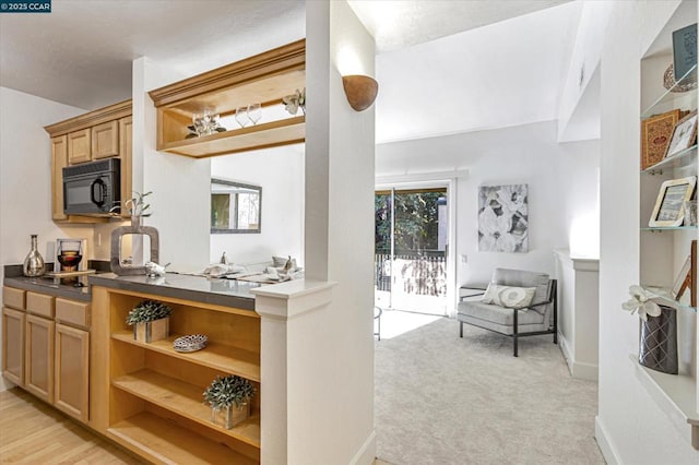 kitchen featuring light colored carpet