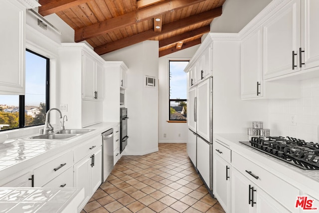 kitchen with lofted ceiling with beams, white cabinetry, sink, wood ceiling, and black appliances