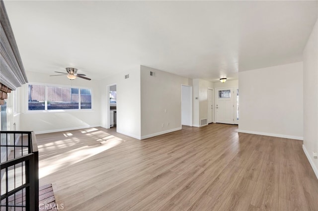 unfurnished living room with ceiling fan and light wood-type flooring