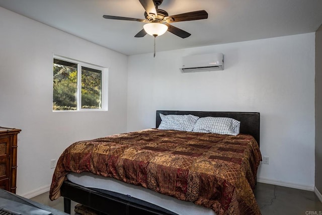 bedroom with a wall mounted air conditioner and ceiling fan