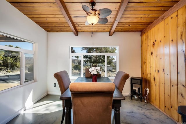 dining space with wooden walls, beam ceiling, ceiling fan, and wood ceiling