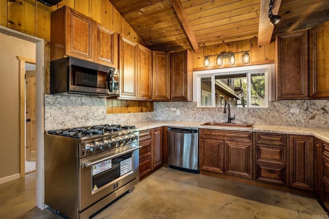 kitchen with sink, light stone counters, wood ceiling, appliances with stainless steel finishes, and decorative backsplash