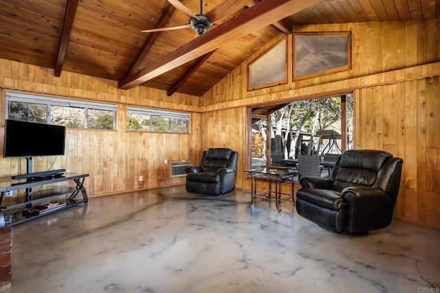 sitting room with wood ceiling, concrete floors, wooden walls, beamed ceiling, and ceiling fan