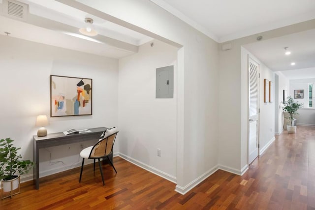 home office with electric panel and dark hardwood / wood-style floors