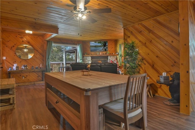 dining room featuring a fireplace, wooden ceiling, wooden walls, dark wood-type flooring, and ceiling fan