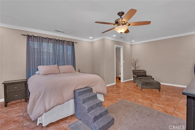 bedroom with ceiling fan, tile patterned floors, and crown molding