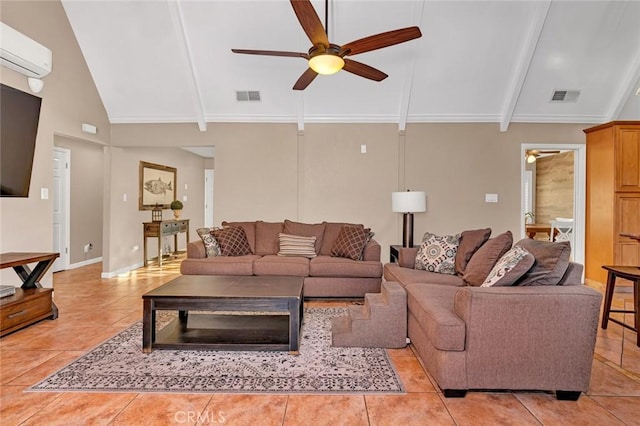 tiled living room with ceiling fan, an AC wall unit, and vaulted ceiling with beams