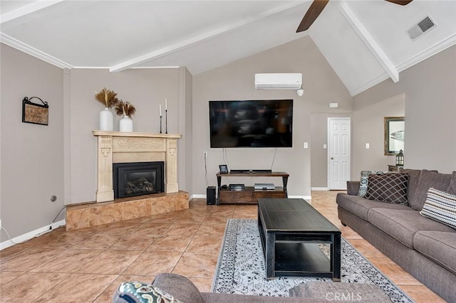 living room featuring a fireplace, light tile patterned floors, a wall unit AC, ceiling fan, and lofted ceiling with beams