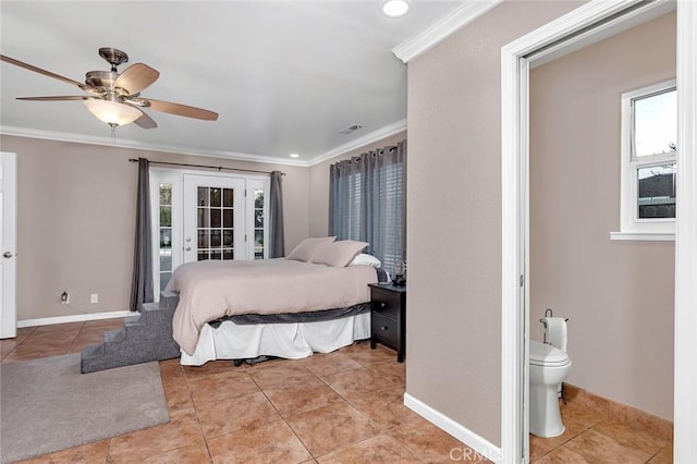 bedroom featuring light tile patterned flooring, ceiling fan, ornamental molding, and multiple windows