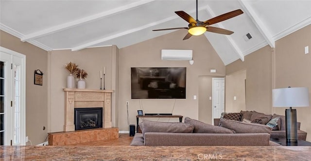 living room featuring a wall mounted air conditioner, ceiling fan, crown molding, and lofted ceiling with beams