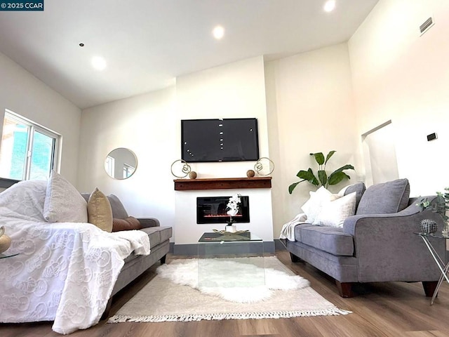 living room with hardwood / wood-style flooring and vaulted ceiling