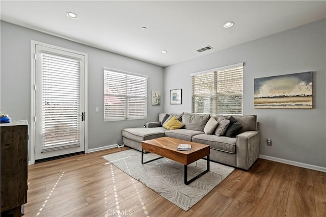 living room with light hardwood / wood-style flooring