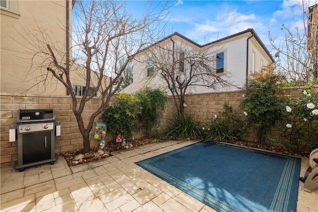 view of swimming pool with grilling area and a patio