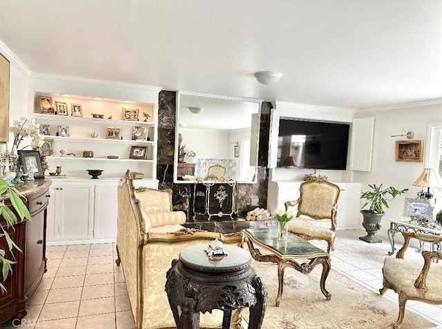 living room with crown molding and light tile patterned floors