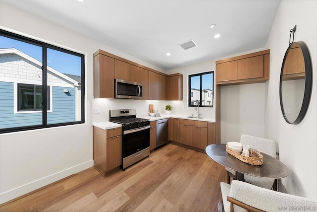 kitchen featuring appliances with stainless steel finishes, light hardwood / wood-style floors, and sink