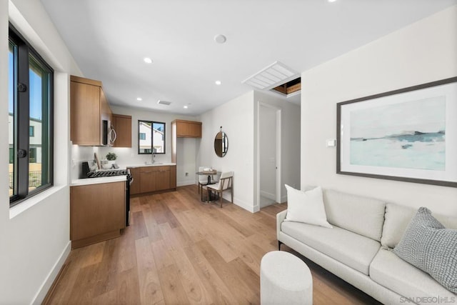 living room with sink and light wood-type flooring