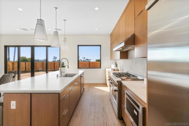 kitchen with decorative light fixtures, an island with sink, sink, light hardwood / wood-style floors, and stainless steel appliances