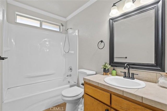 full bathroom with vanity, shower / washtub combination, decorative backsplash, toilet, and ornamental molding