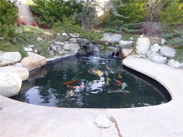 view of pool featuring a small pond