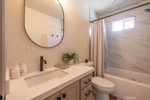 full bathroom with toilet, shower / bath combination with curtain, and vanity