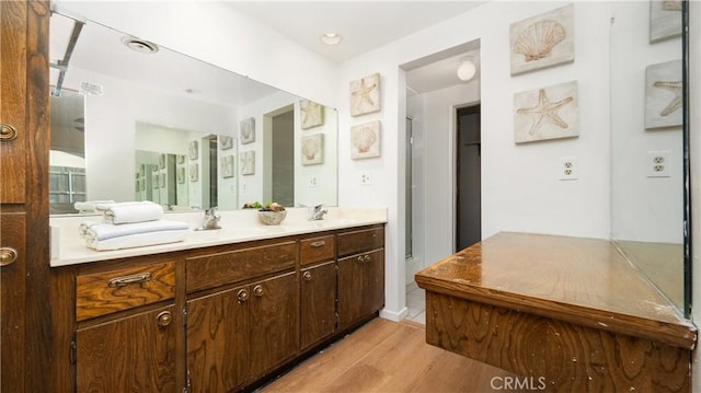 bathroom with hardwood / wood-style floors and vanity