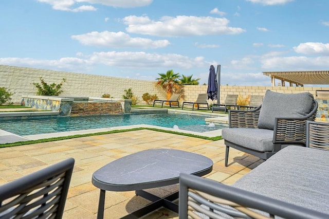 view of swimming pool featuring a pergola, a patio, a jacuzzi, and pool water feature