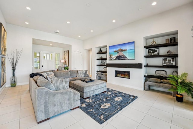 tiled living room with built in shelves