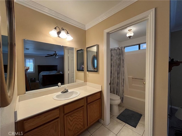 full bathroom featuring toilet, crown molding, tile patterned floors, vanity, and plenty of natural light