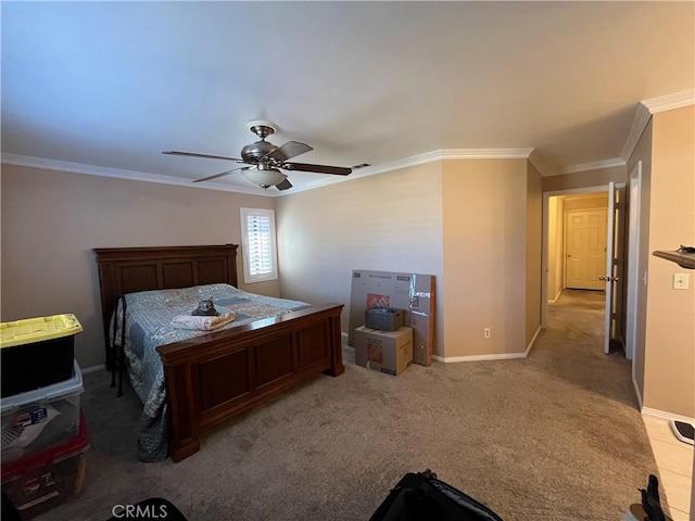 bedroom with ceiling fan, crown molding, and light carpet