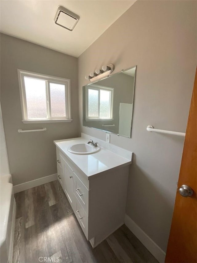 bathroom featuring vanity, hardwood / wood-style flooring, and plenty of natural light