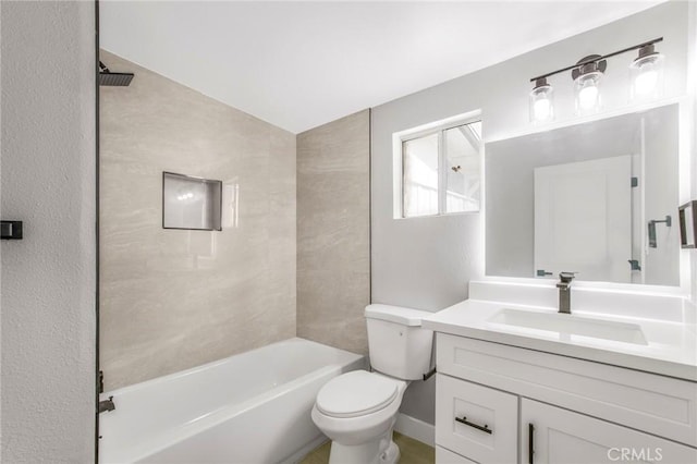 full bathroom featuring shower / washtub combination, toilet, lofted ceiling, and vanity