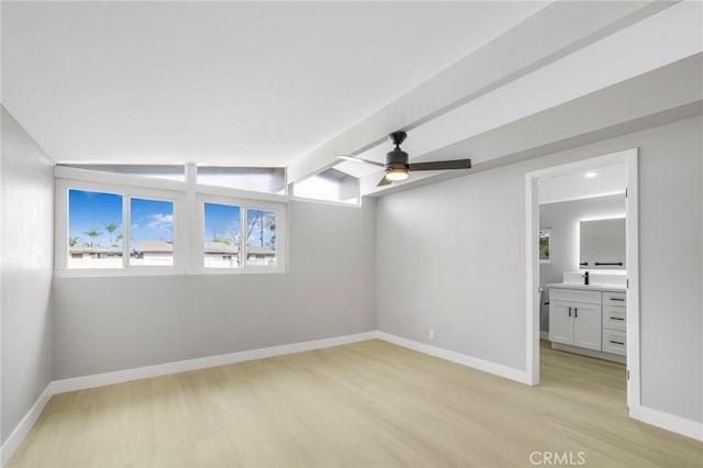 empty room featuring sink, ceiling fan, light hardwood / wood-style floors, and lofted ceiling with beams