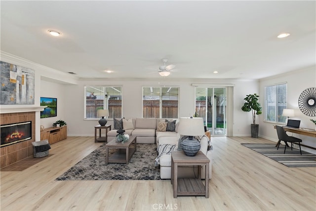 living room featuring a wealth of natural light, light hardwood / wood-style flooring, ornamental molding, and a fireplace