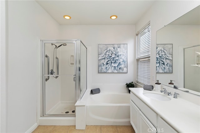 bathroom with vanity, separate shower and tub, and tile patterned flooring