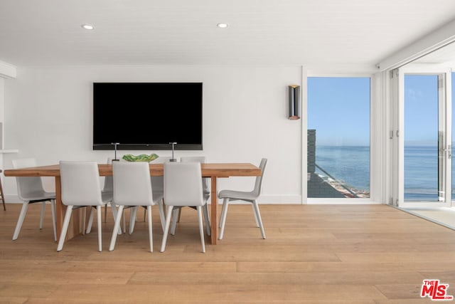 dining space with a healthy amount of sunlight, expansive windows, and light hardwood / wood-style floors