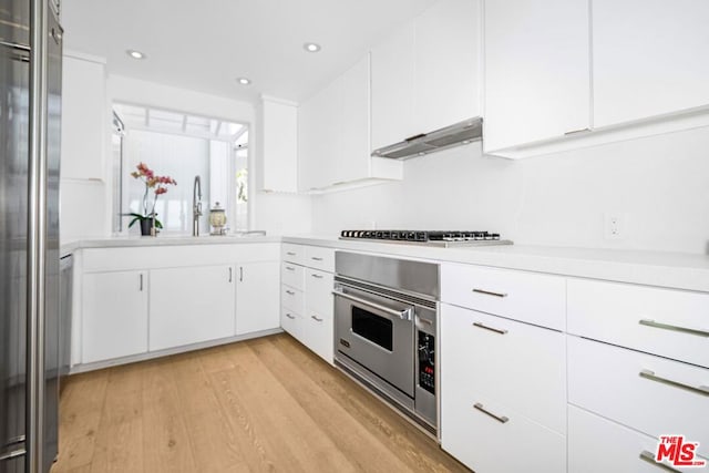 kitchen with sink, white cabinetry, light hardwood / wood-style flooring, and appliances with stainless steel finishes