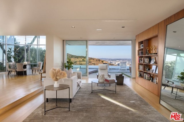 living room with built in features, a wall of windows, light hardwood / wood-style floors, and plenty of natural light