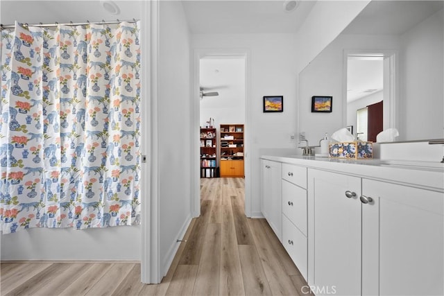 bathroom with vanity and wood-type flooring