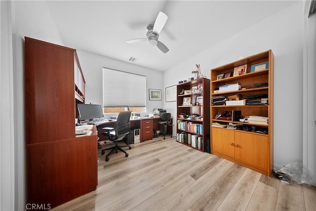 office area featuring light wood finished floors, visible vents, and a ceiling fan