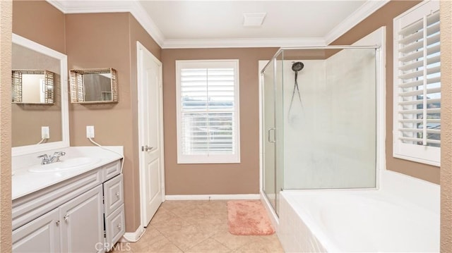 bathroom with tile patterned flooring, plus walk in shower, ornamental molding, and vanity