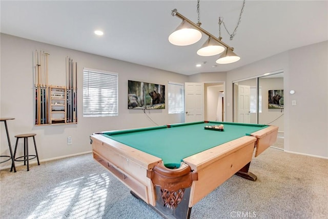 playroom featuring pool table and carpet flooring