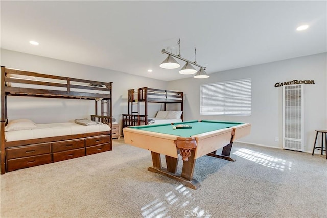 playroom with light colored carpet and billiards