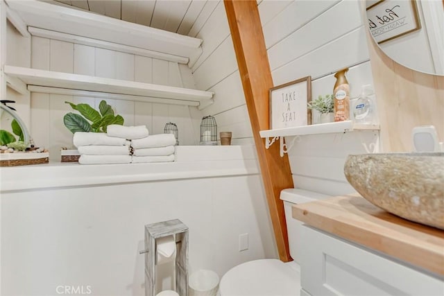 bathroom featuring toilet, wooden walls, and vanity