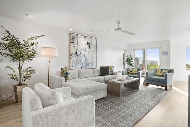 living room featuring ceiling fan and light hardwood / wood-style flooring