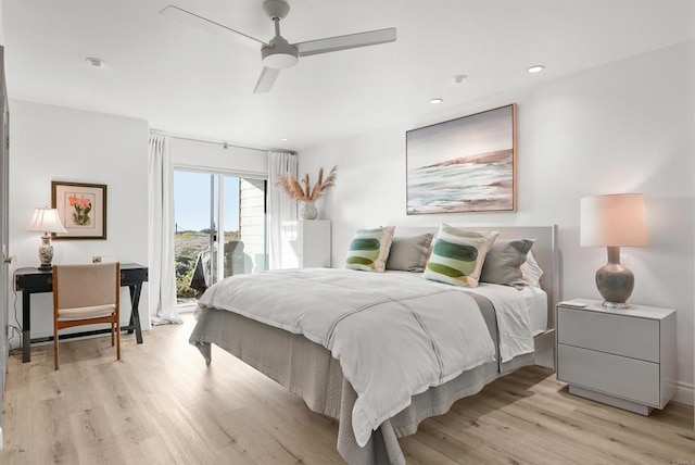 bedroom featuring ceiling fan, access to exterior, and light wood-type flooring