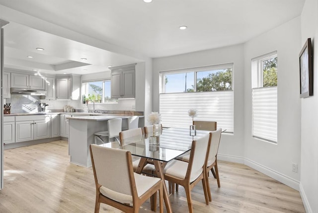 dining area with light hardwood / wood-style flooring and a raised ceiling