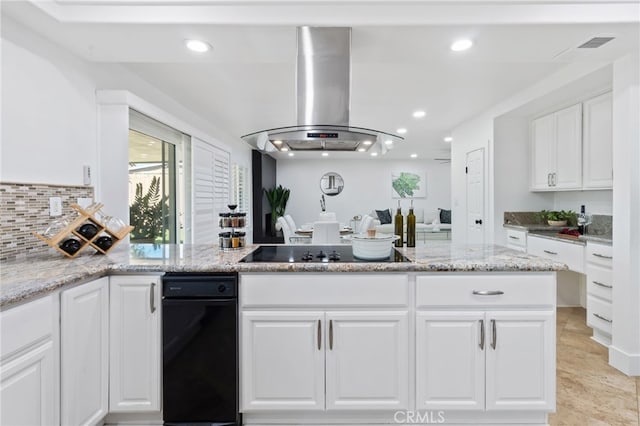 kitchen featuring white cabinetry, island exhaust hood, decorative backsplash, black electric cooktop, and light stone counters