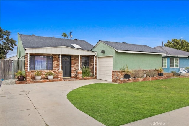 ranch-style house with a front yard, fence, an attached garage, stucco siding, and concrete driveway